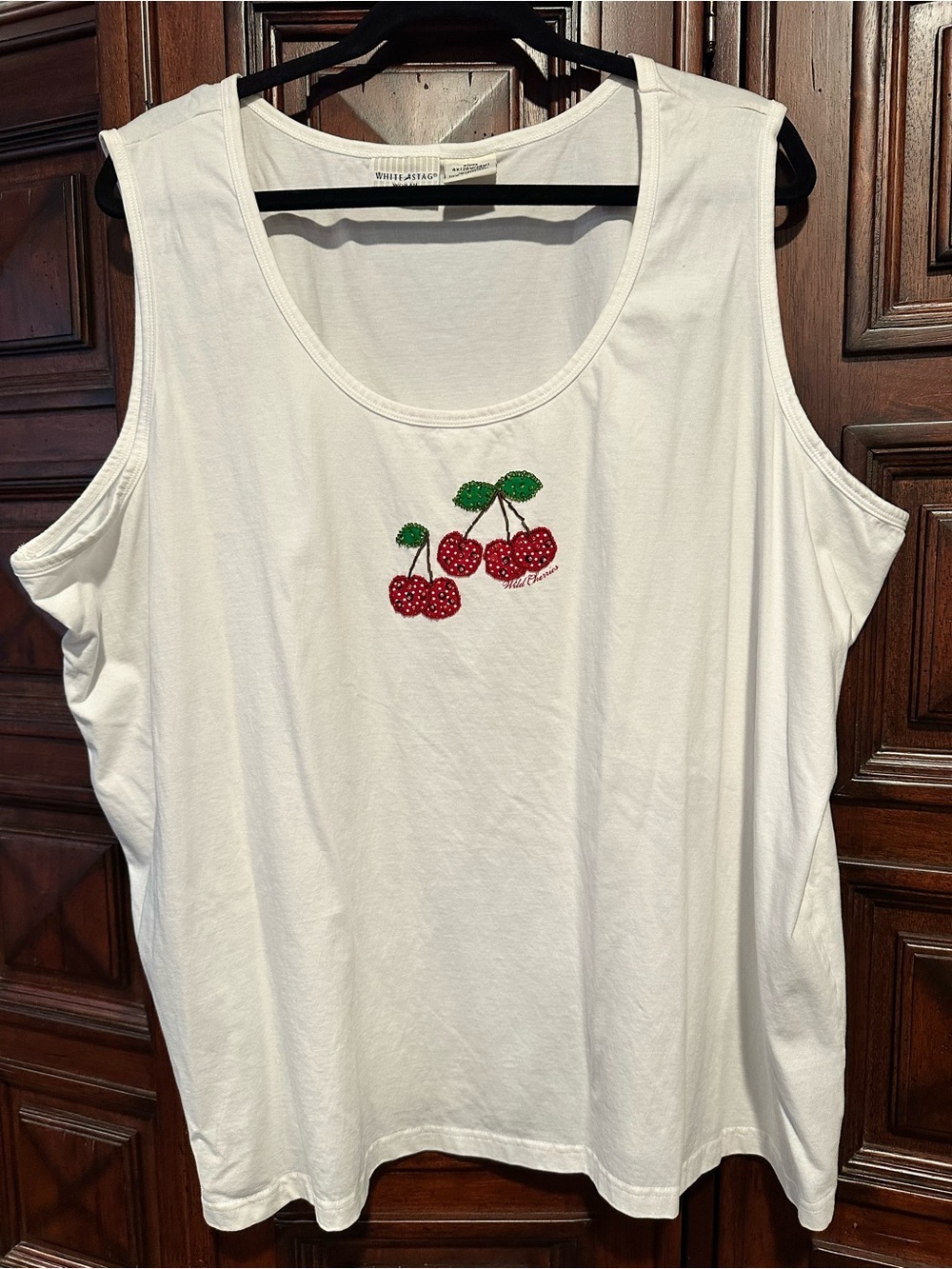 4X 26W 28W White Stag White Tank Top with Red Cherry Embroidery